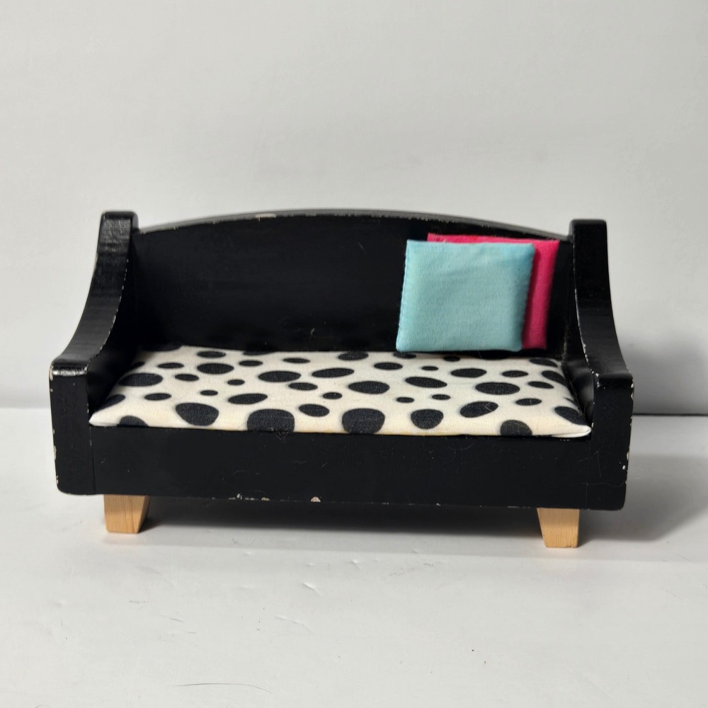 Miniature Wooden Dollhouse Sofa Black Polka Dot Settee with Pillows 7 Inch